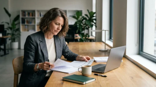 Photographie d'un entrepreneur étudiant des documents financiers dans un bureau moderne avec un éclairage naturel