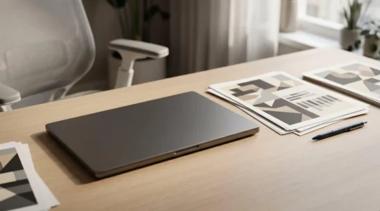 Bureau minimaliste avec documents financiers et ordinateur portable symbolisant la gestion d'entreprise TPE