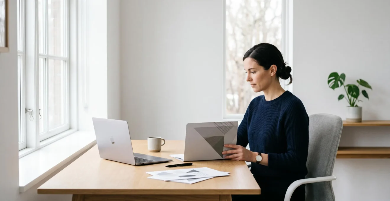 Professionnel travaillant sur la conformité comptable dans un bureau moderne et minimaliste