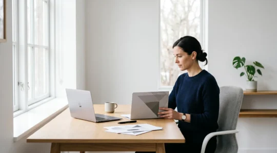 Professionnel travaillant sur la conformité comptable dans un bureau moderne et minimaliste