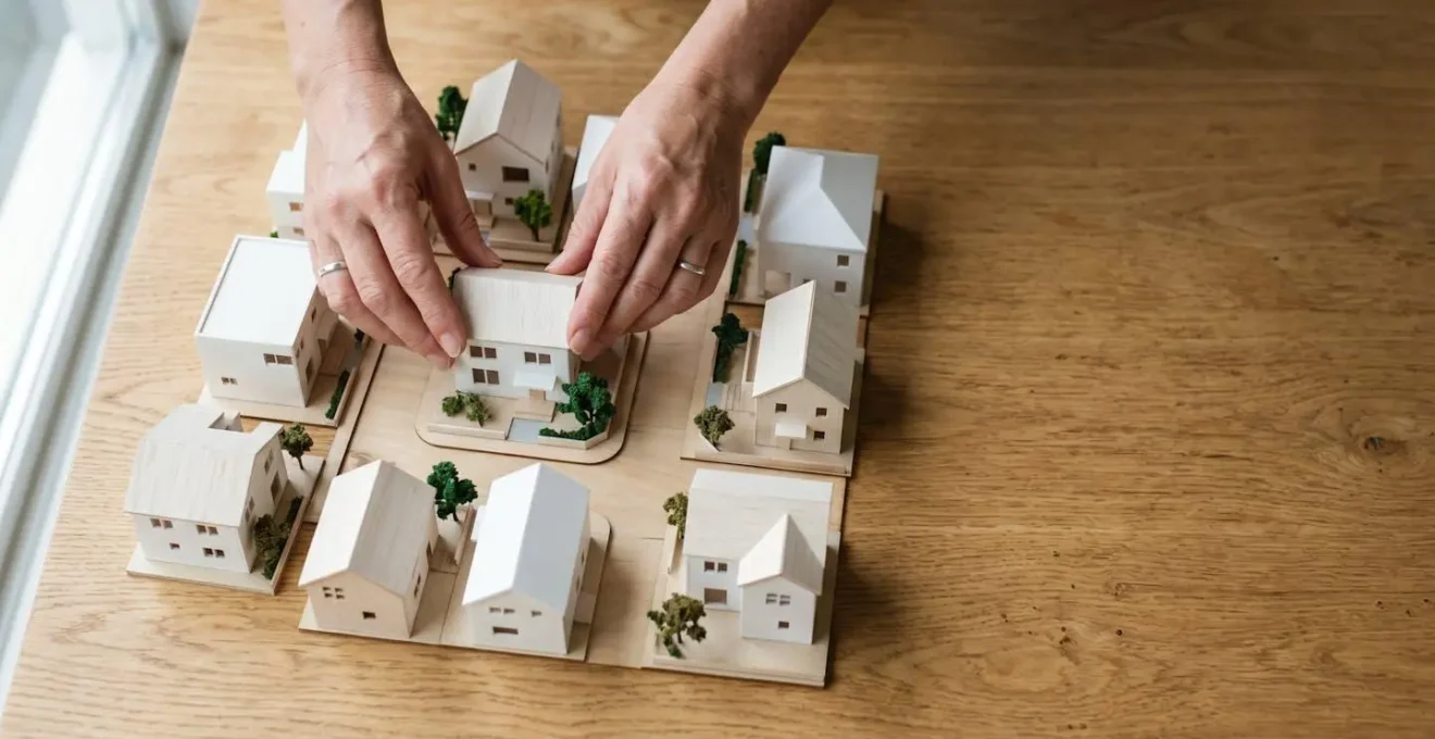 Concept d'investissement immobilier participatif avec des mains tenant des maquettes architecturales miniatures