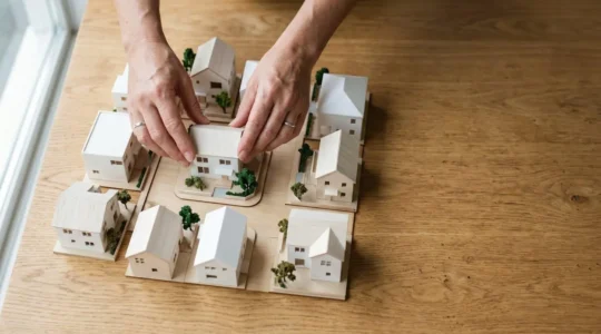 Concept d'investissement immobilier participatif avec des mains tenant des maquettes architecturales miniatures