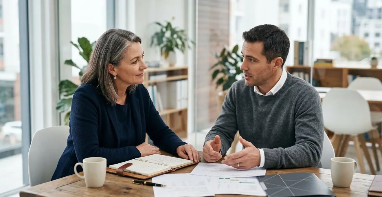 Consultation professionnelle entre expert-comptable et dirigeant d'entreprise autour d'analyses financières