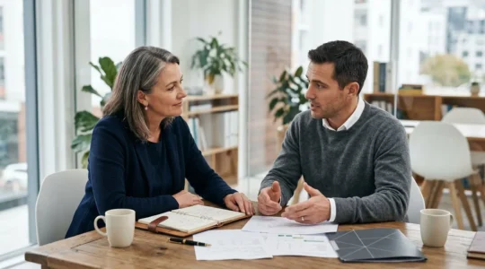 Consultation professionnelle entre expert-comptable et dirigeant d'entreprise autour d'analyses financières