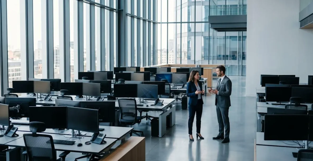 Salle de marché moderne avec écrans de données boursières et professionnels de la finance analysant les cours
