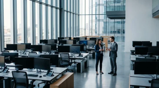 Salle de marché moderne avec écrans de données boursières et professionnels de la finance analysant les cours
