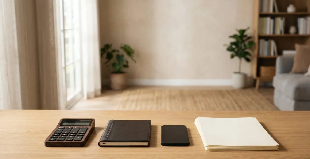 Bureau de travail minimaliste avec calculatrice et documents financiers, symbolisant la gestion autonome des finances en micro-entreprise
