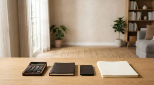 Bureau de travail minimaliste avec calculatrice et documents financiers, symbolisant la gestion autonome des finances en micro-entreprise