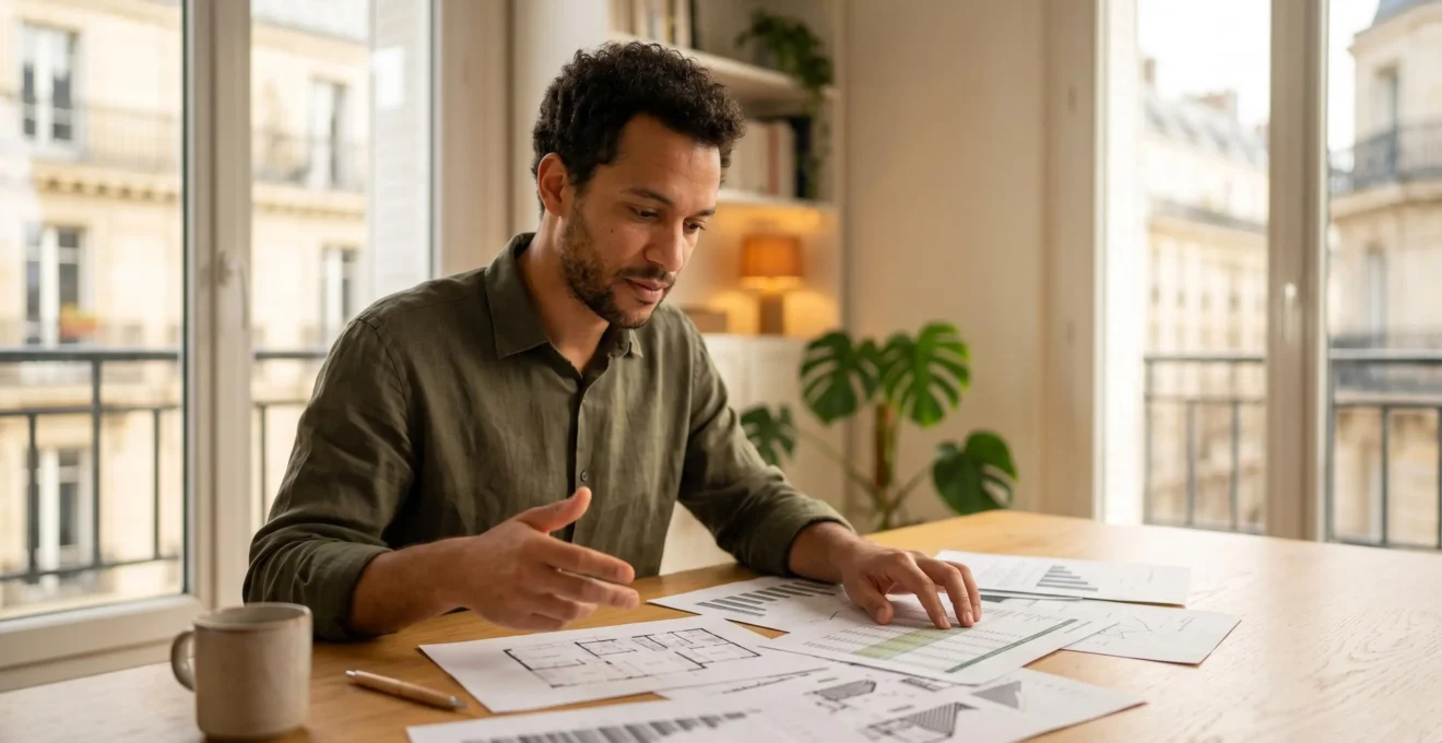 Investisseur analysant un projet immobilier locatif avec calculatrice et documents