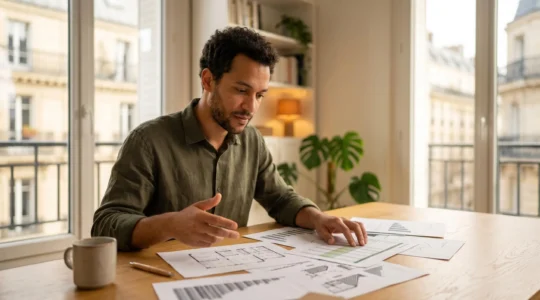 Investisseur analysant un projet immobilier locatif avec calculatrice et documents
