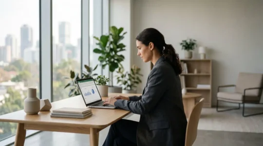 Dirigeant de PME analysant des indicateurs financiers sur un tableau de bord moderne pour piloter son entreprise