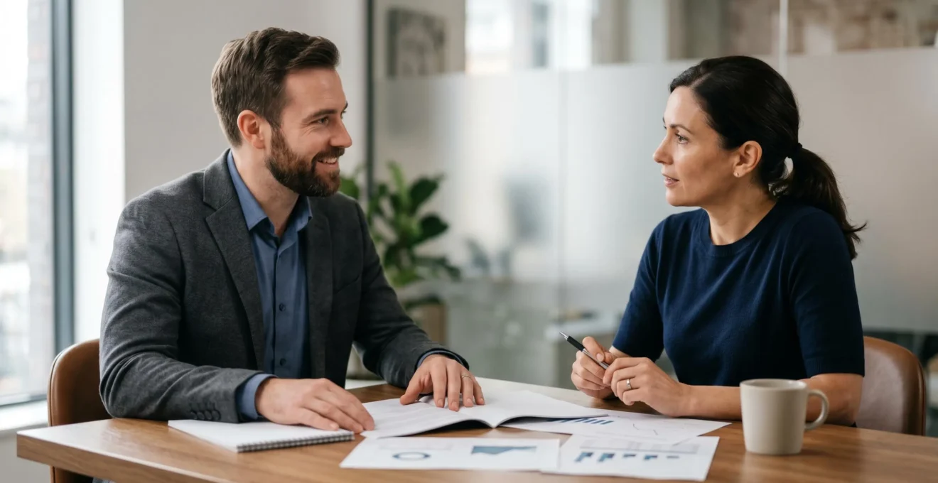 Consultation entre un conseiller financier et un client dans un bureau lumineux moderne
