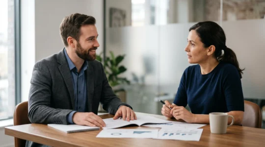 Consultation entre un conseiller financier et un client dans un bureau lumineux moderne