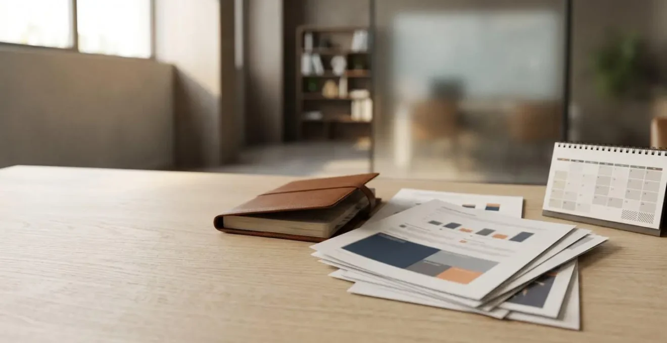 Vision d'ensemble d'une planification financière sur plusieurs années avec documents organisés et perspective temporelle