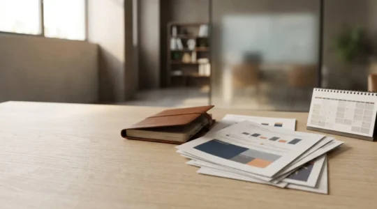 Vision d'ensemble d'une planification financière sur plusieurs années avec documents organisés et perspective temporelle
