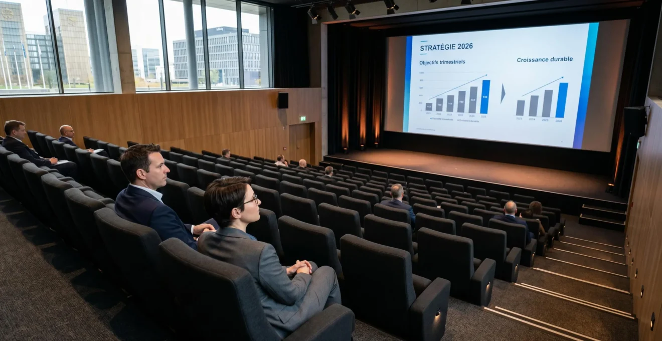 Auditorium de cinéma Kinepolis transformé en salle de conférence, avec rangées de fauteuils premium face à un écran géant diffusant une présentation corporate, trois professionnels assis au premier rang