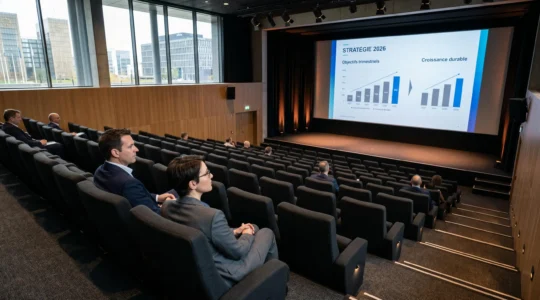 Auditorium de cinéma Kinepolis transformé en salle de conférence, avec rangées de fauteuils premium face à un écran géant diffusant une présentation corporate, trois professionnels assis au premier rang