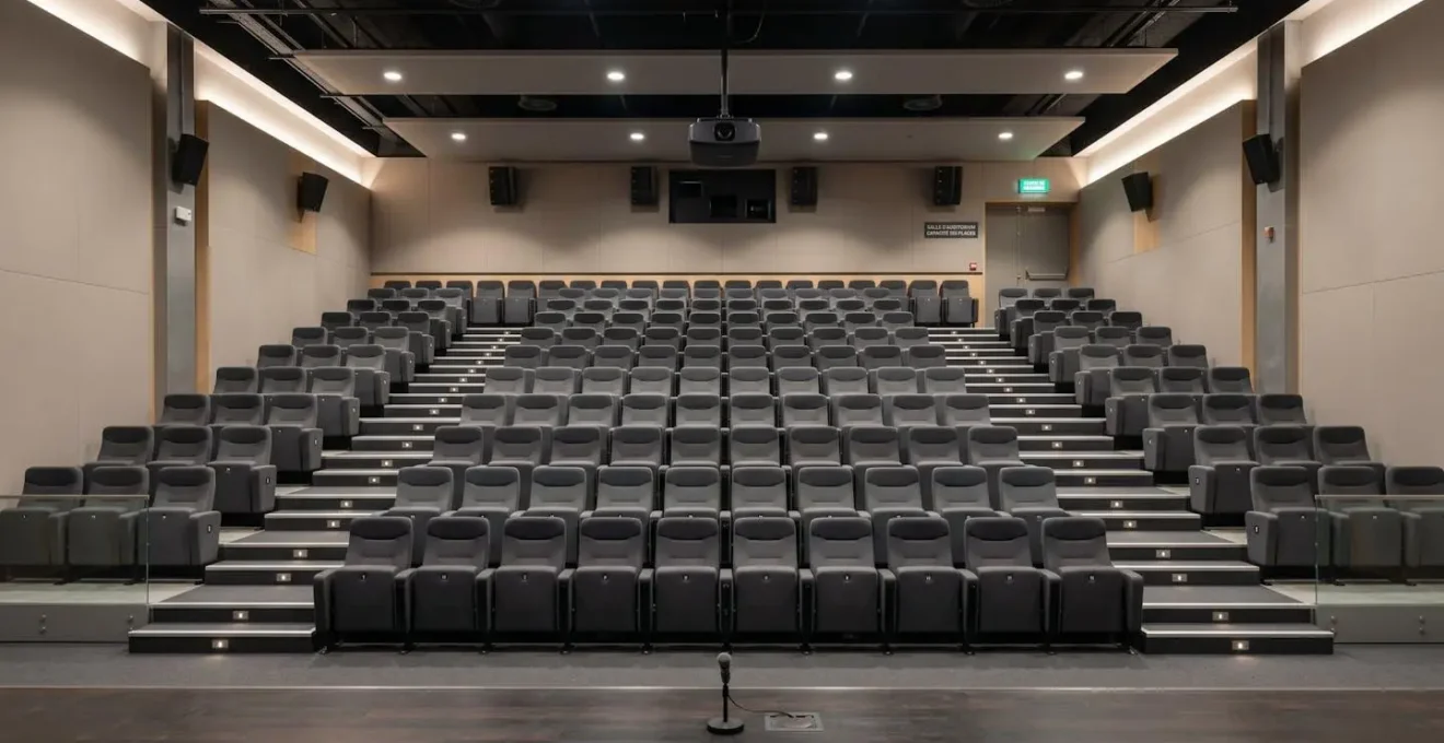 Auditorium vide de 150 places avec gradins en configuration corporate, sièges premium en rangées face à l'écran géant, équipement de projection visible au plafond