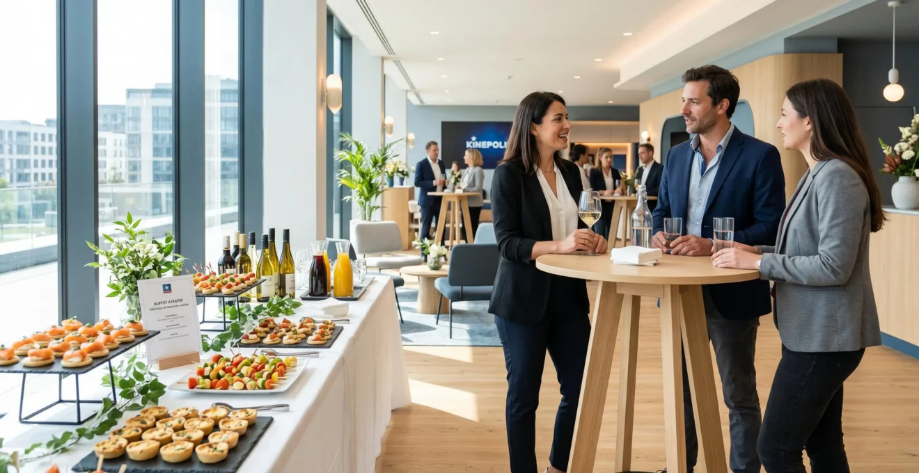 Espace de réception moderne avec tables hautes et buffet cocktail, trois professionnels en conversation, grandes fenêtres apportant lumière naturelle