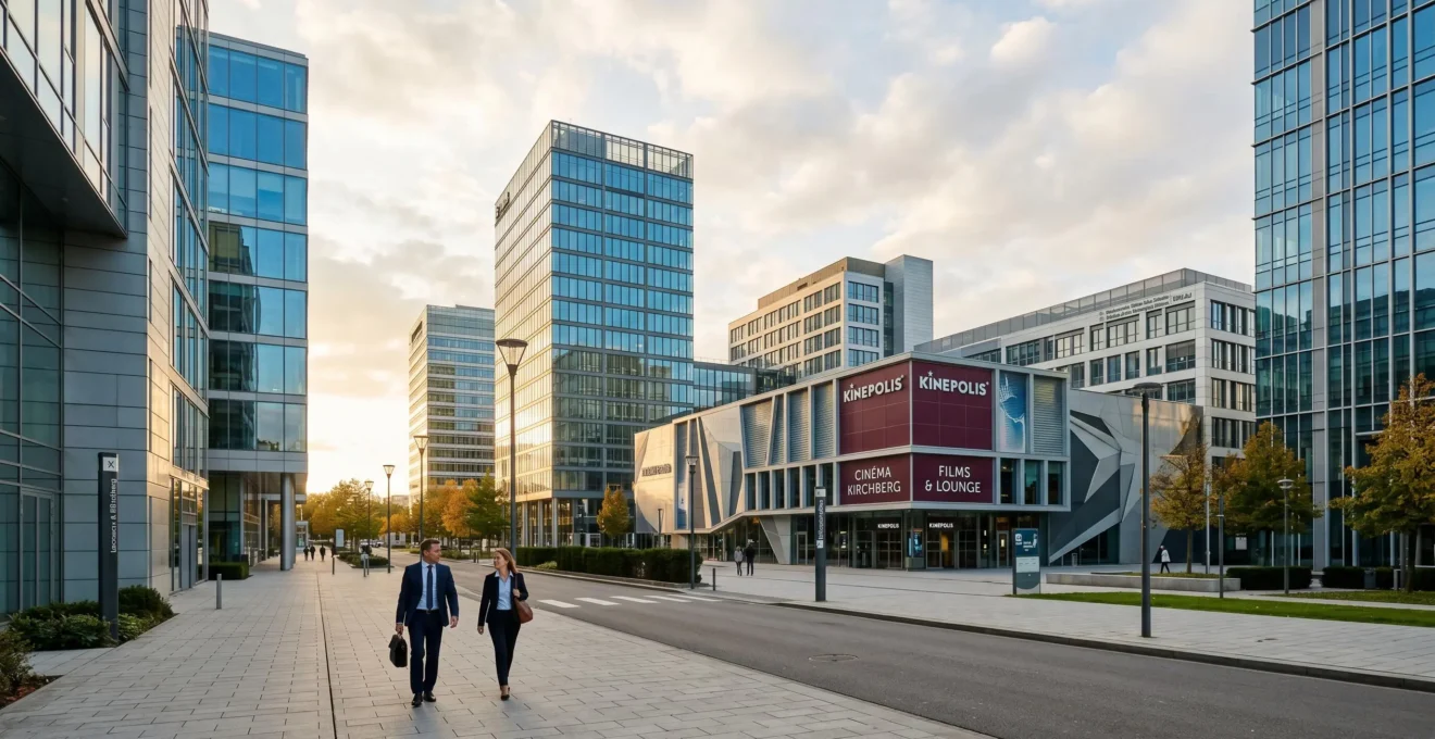 Quartier d'affaires Luxembourg-Kirchberg avec bâtiments modernes en verre et acier, complexe Kinepolis visible, architecture européenne contemporaine