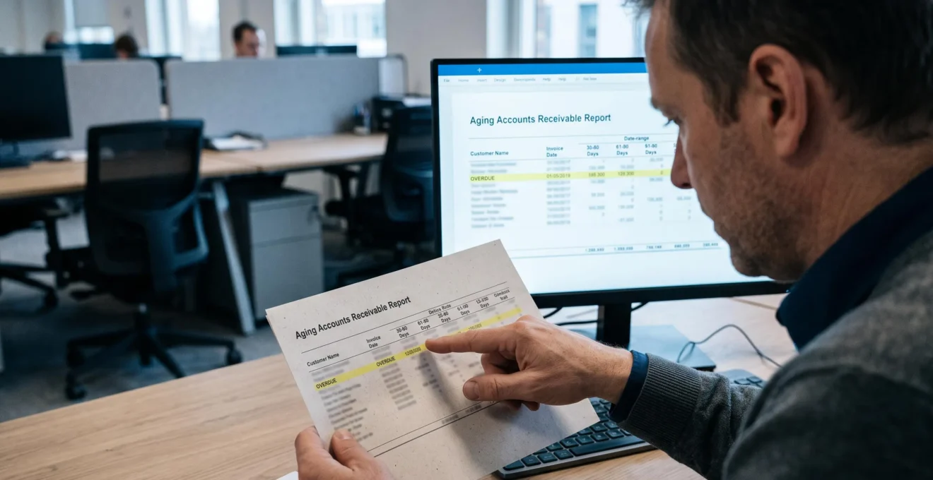 Une analyste pointe une ligne de retard sur un relevé de balances âgées.