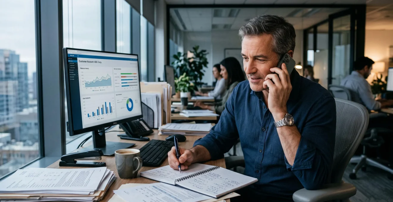 Un responsable crédit analyse l'encours d'un client au téléphone dans son bureau.