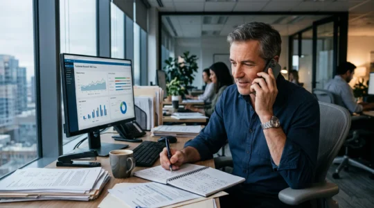 Un responsable crédit analyse l'encours d'un client au téléphone dans son bureau.